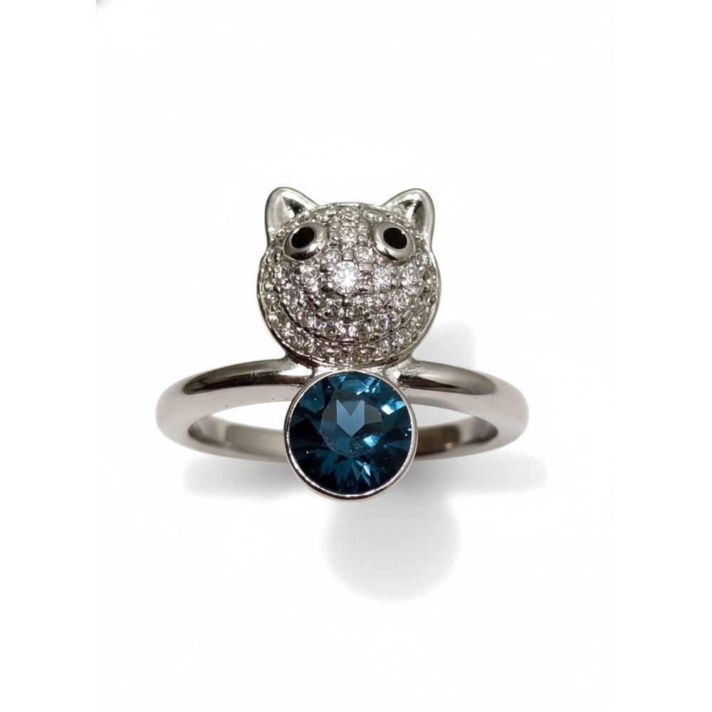 Silvertone Blue Swarovski Stone Cat Ring for Ladies Size New In Box with Tags